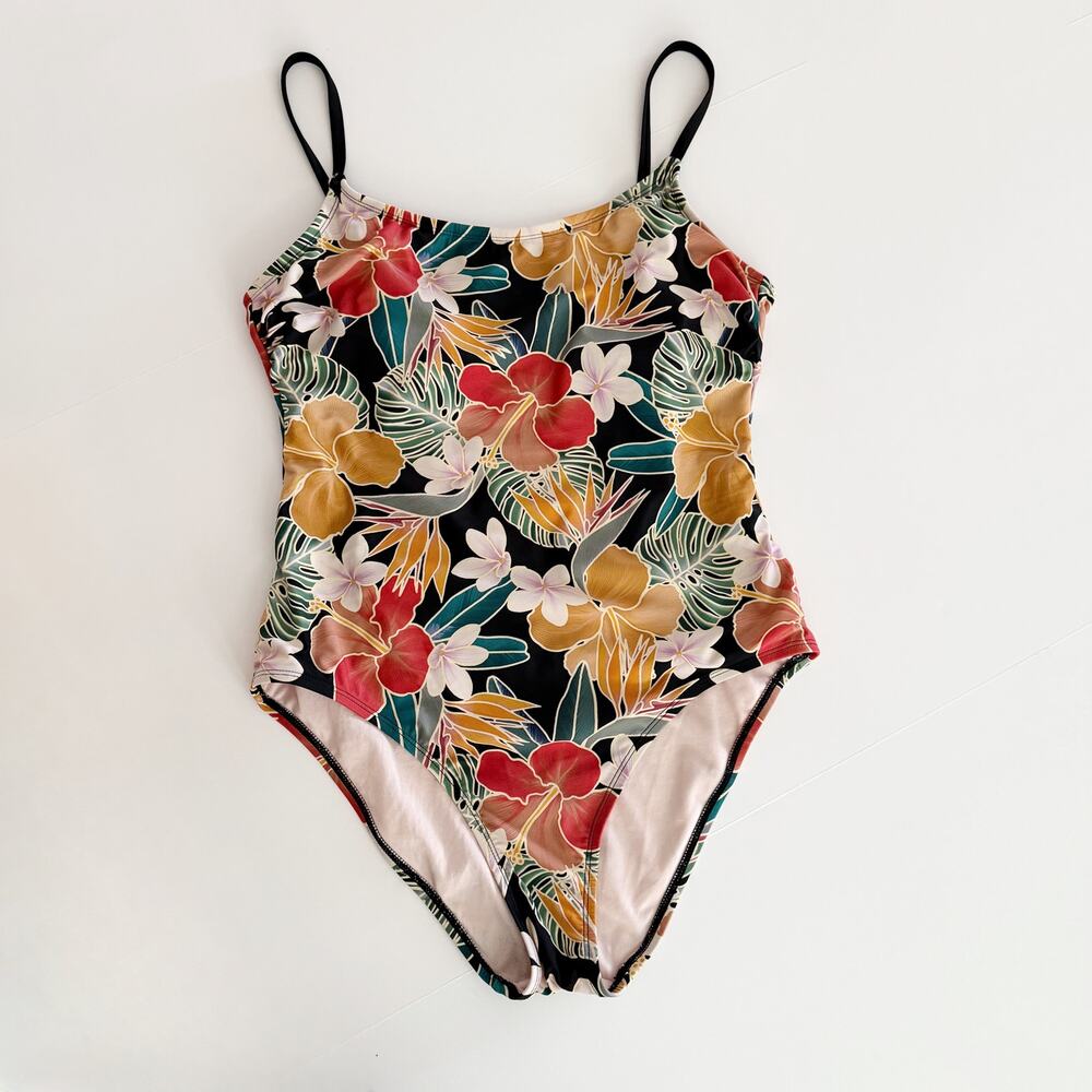 [Hurley] Dark Floral Tropical Print One Piece Swimsuit Lattice Back UPF 50 Sz XL